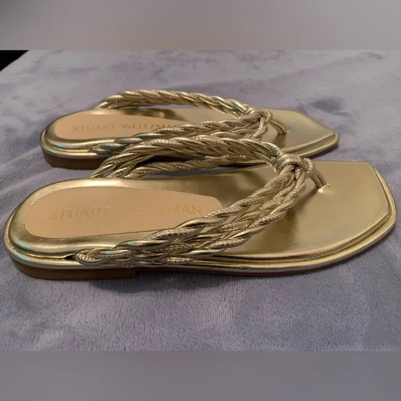 Stuart Weitzman Women’s Metallic Napa Woven Calypso Flat Sandals| size 8 1/2 - Picture 3 of 9